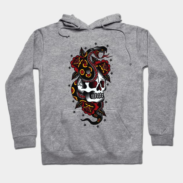 Traditional Skull Snake Roses Hoodie by Victor Gomes